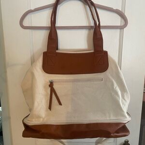 Elegant Tan and Cream Tote Bag with Additional Base Compartment